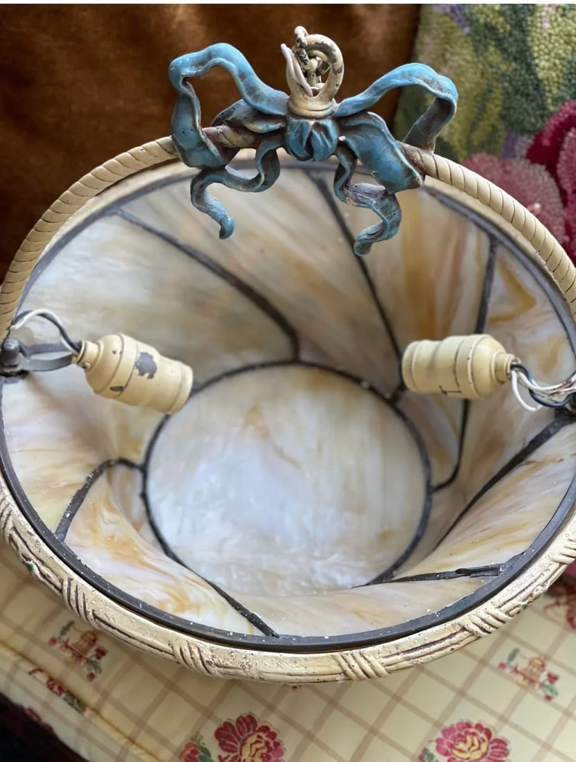 Vintage 1920s Floral Basket Chandelier With Caramel Slag Glass - 6