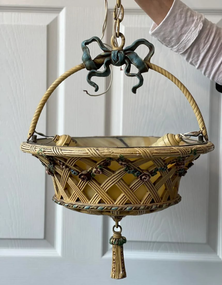 Vintage 1920s Floral Basket Chandelier With Caramel Slag Glass - 8