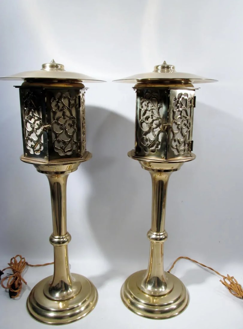 Japanese Brass Lantern Lamps - A Pair - 2