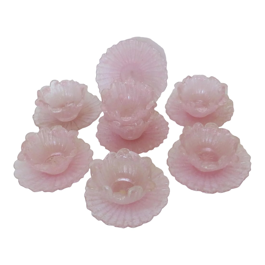 Fratelli Toso Murano Pink Bowls & Plates, Set of 7: Vintage Fratelli Toso Murano 14-piece set of pink overshot glass bowls and underplates, with service for seven. These were traditionally used as finger bowls but suitable for many other uses. Each