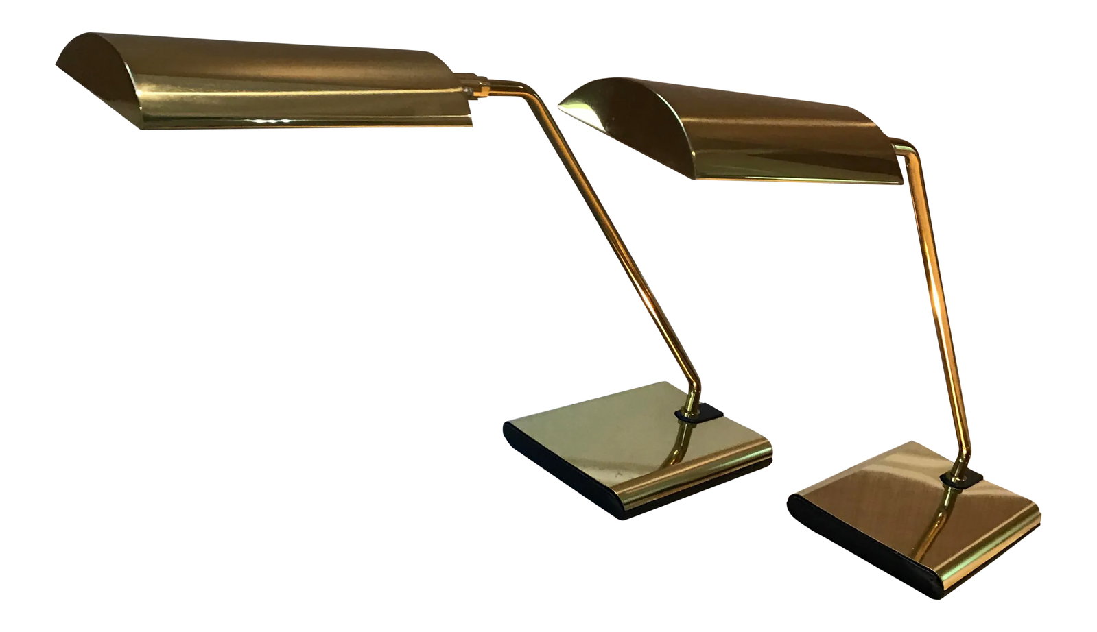Koch & Lowy Brass Desk Table Lamps Omi - A Pair: Modern and Sleek in design a wonderful Pair of Brass Desk Lamps by Koch & Lowy. Heavy weighted iron base. Articulates side to side. Signed Koch & Lowy. Condition: Alterations: Original Condition Unalt