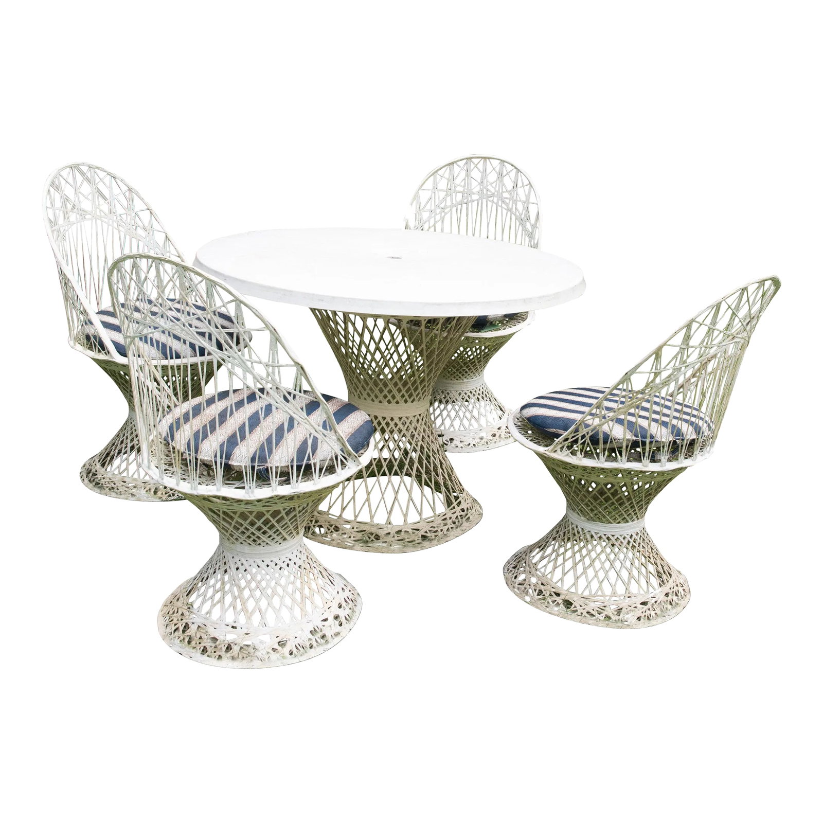 1960s Russell Woodard Four Chairs & Round Table of Spun Fiberglass - Set of 5: Mid-Century Modern, 1960s spun fiberglass Russell Woodard table & 4 chairs. Table: 42 diameter 29 high. Condition: Alterations: Original Condition Unaltered Imperfections: Some Imperfections Condition