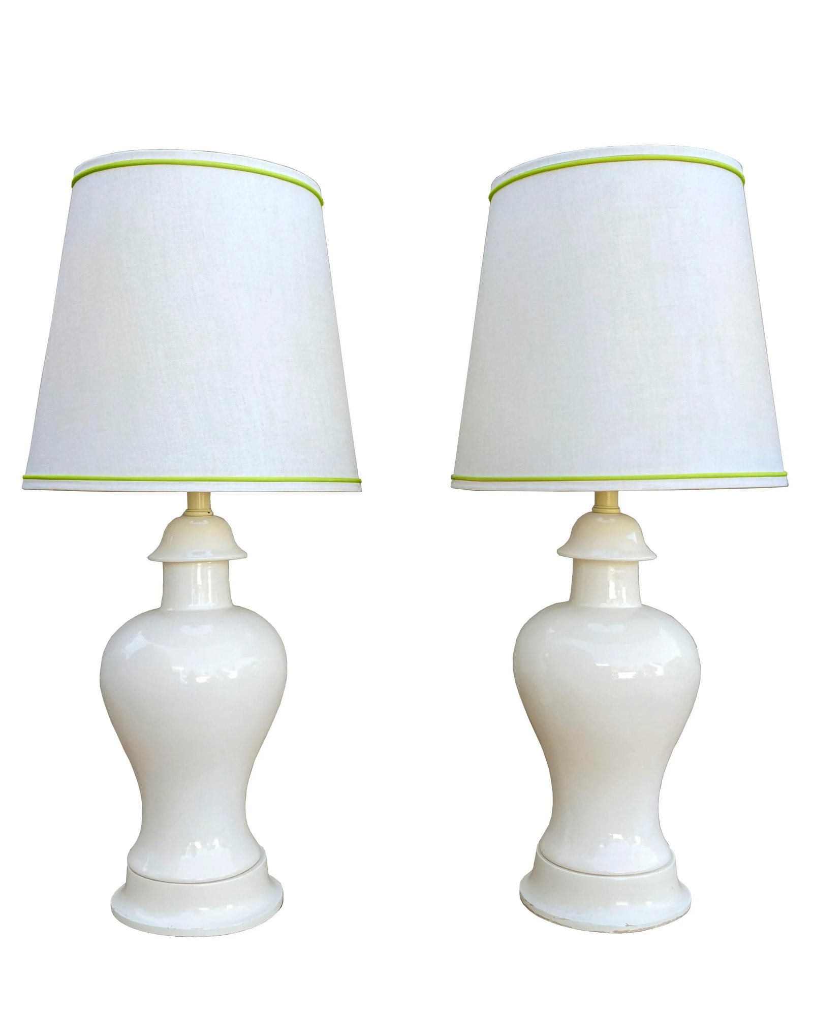 1940's Large-Scale Ceramic Urn Lamps in Eggshell White With Chartreuse Accented Empire Shades - a Pa - 10