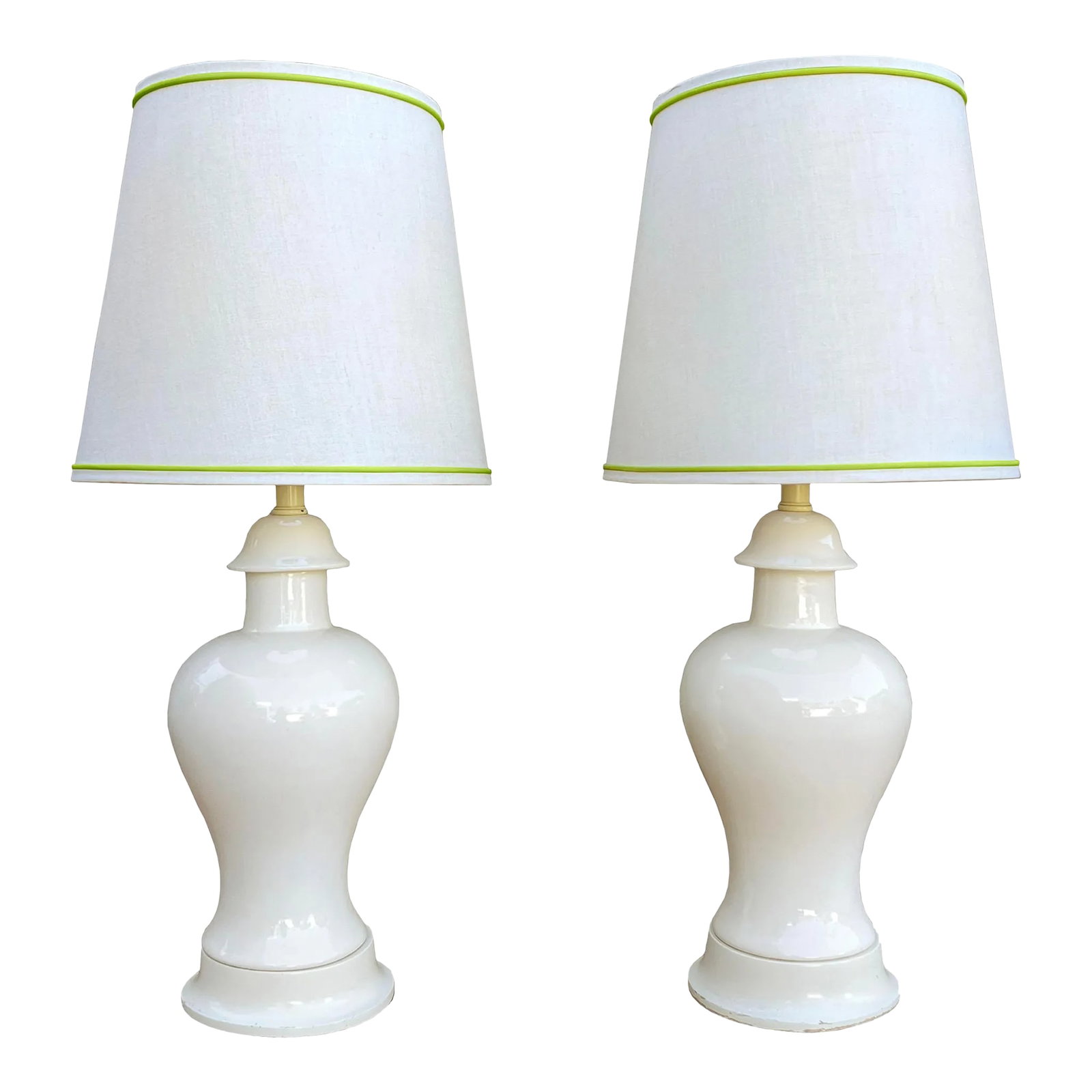 1940's Large-Scale Ceramic Urn Lamps in Eggshell White With Chartreuse Accented Empire Shades - a Pa (1 of 10)