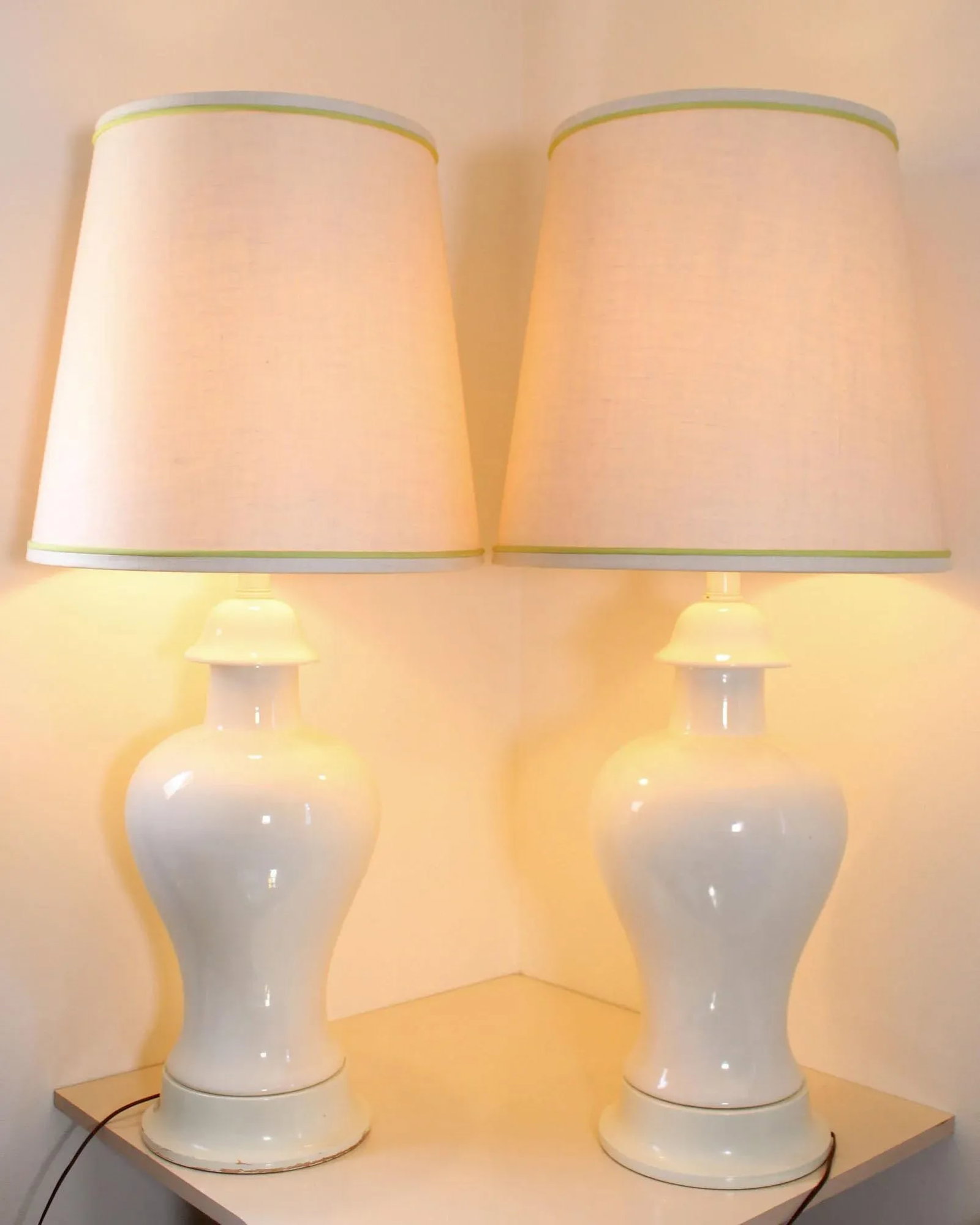 1940's Large-Scale Ceramic Urn Lamps in Eggshell White With Chartreuse Accented Empire Shades - a Pa - 2