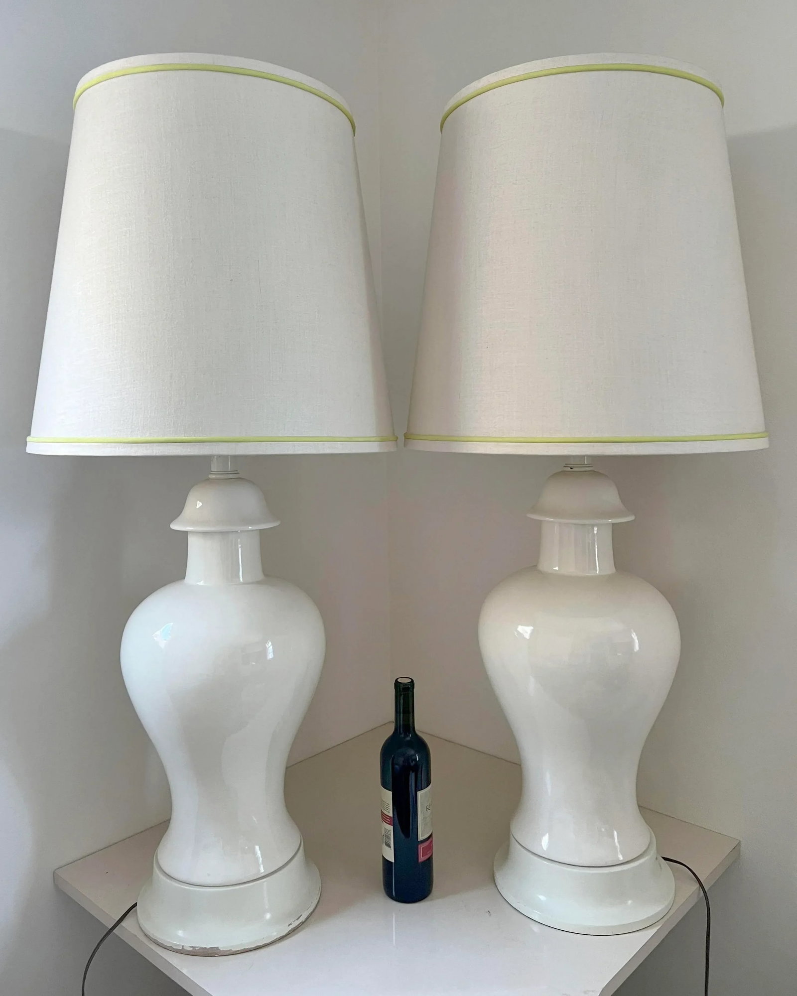 1940's Large-Scale Ceramic Urn Lamps in Eggshell White With Chartreuse Accented Empire Shades - a Pa - 3