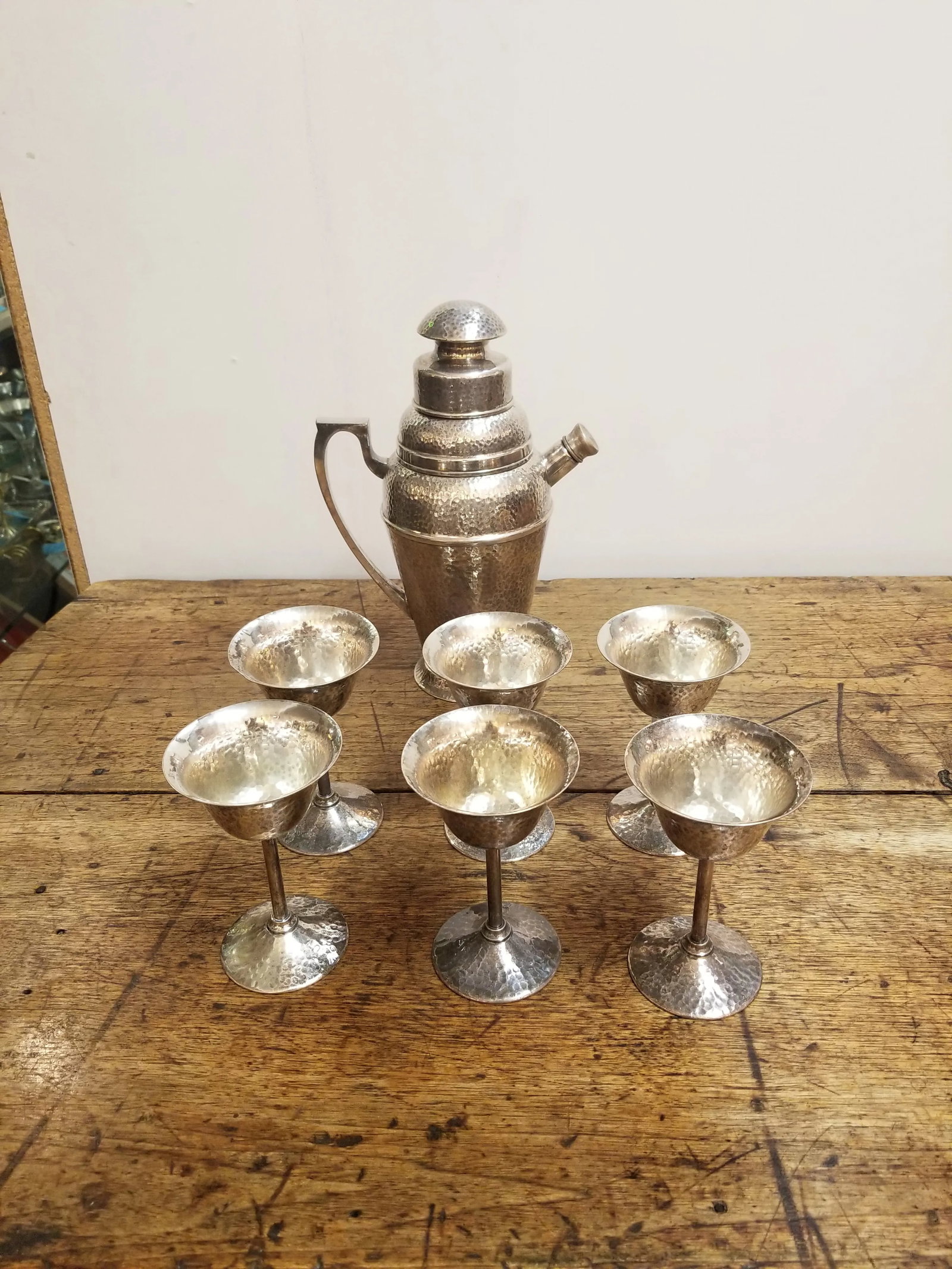 1920s Apollo Bernard Rice's Sons Art Deco Vintage Nickel Silver Hammered Cocktail Shaker & 6 Cocktai - 11