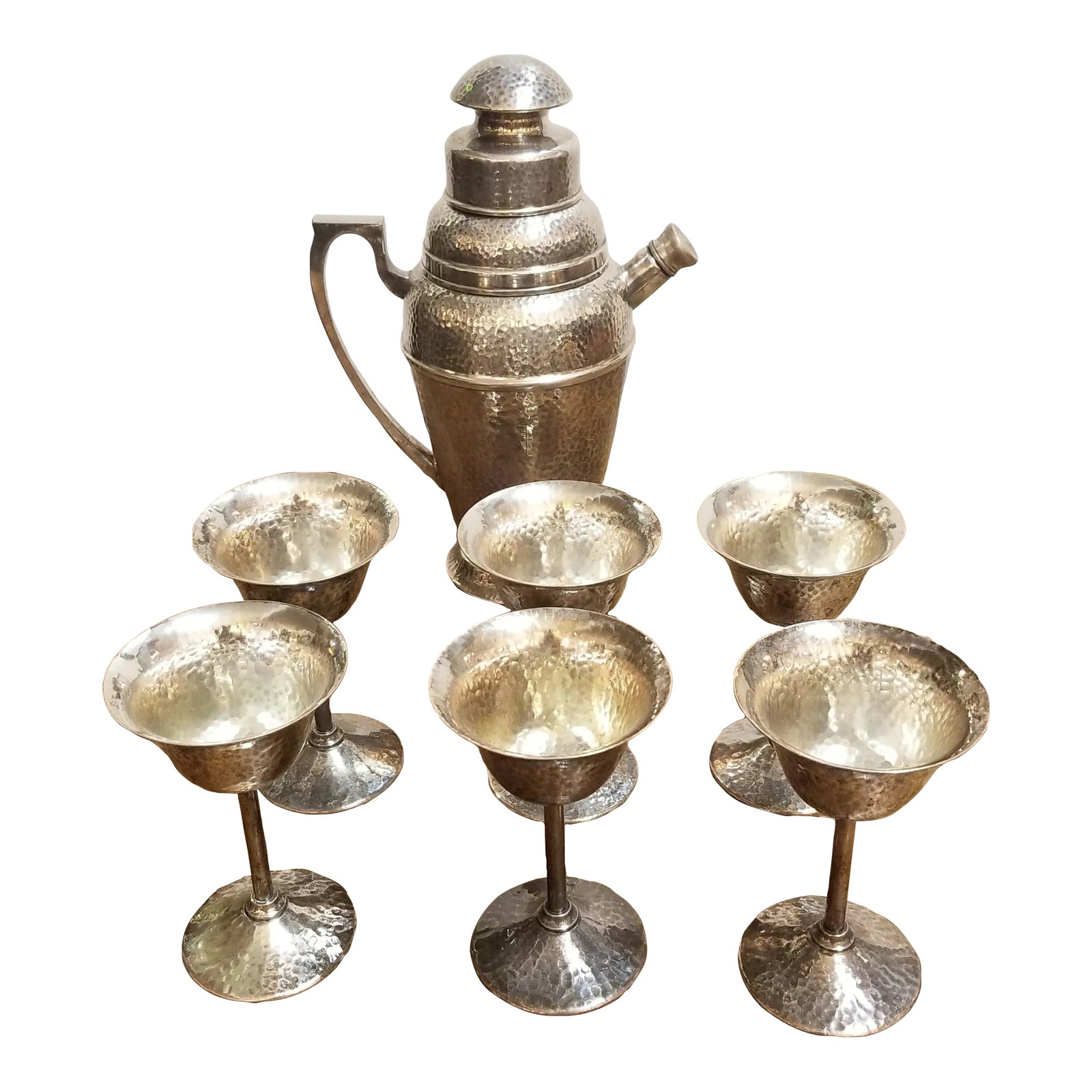 1920s Apollo Bernard Rice's Sons Art Deco Vintage Nickel Silver Hammered Cocktail Shaker & 6 Cocktai (1 of 11)