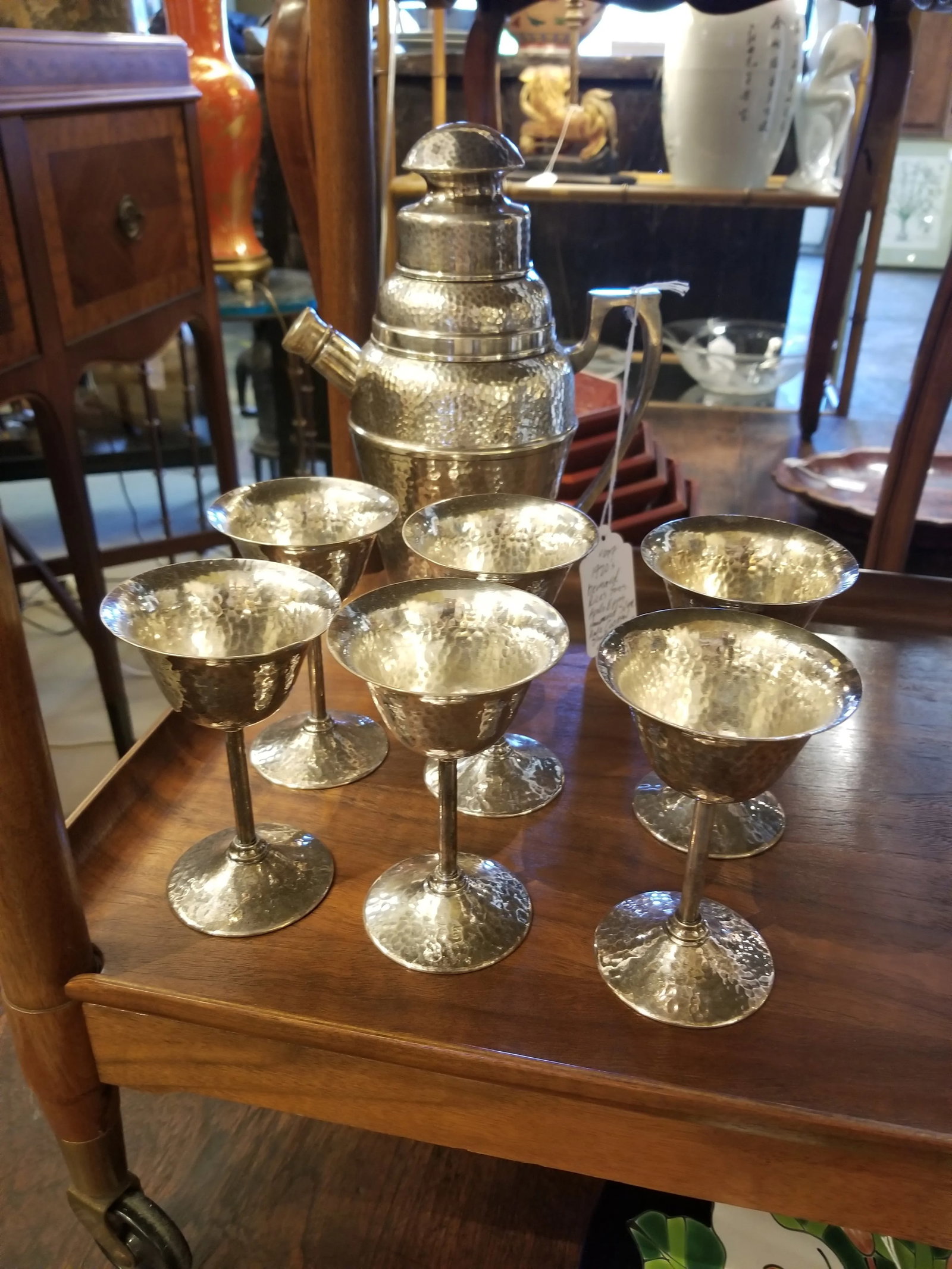 1920s Apollo Bernard Rice's Sons Art Deco Vintage Nickel Silver Hammered Cocktail Shaker & 6 Cocktai - 8