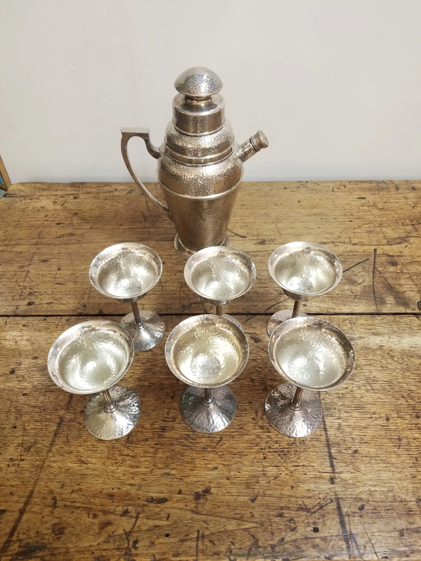 1920s Apollo Bernard Rice's Sons Art Deco Vintage Nickel Silver Hammered Cocktail Shaker & 6 Cocktai - 9