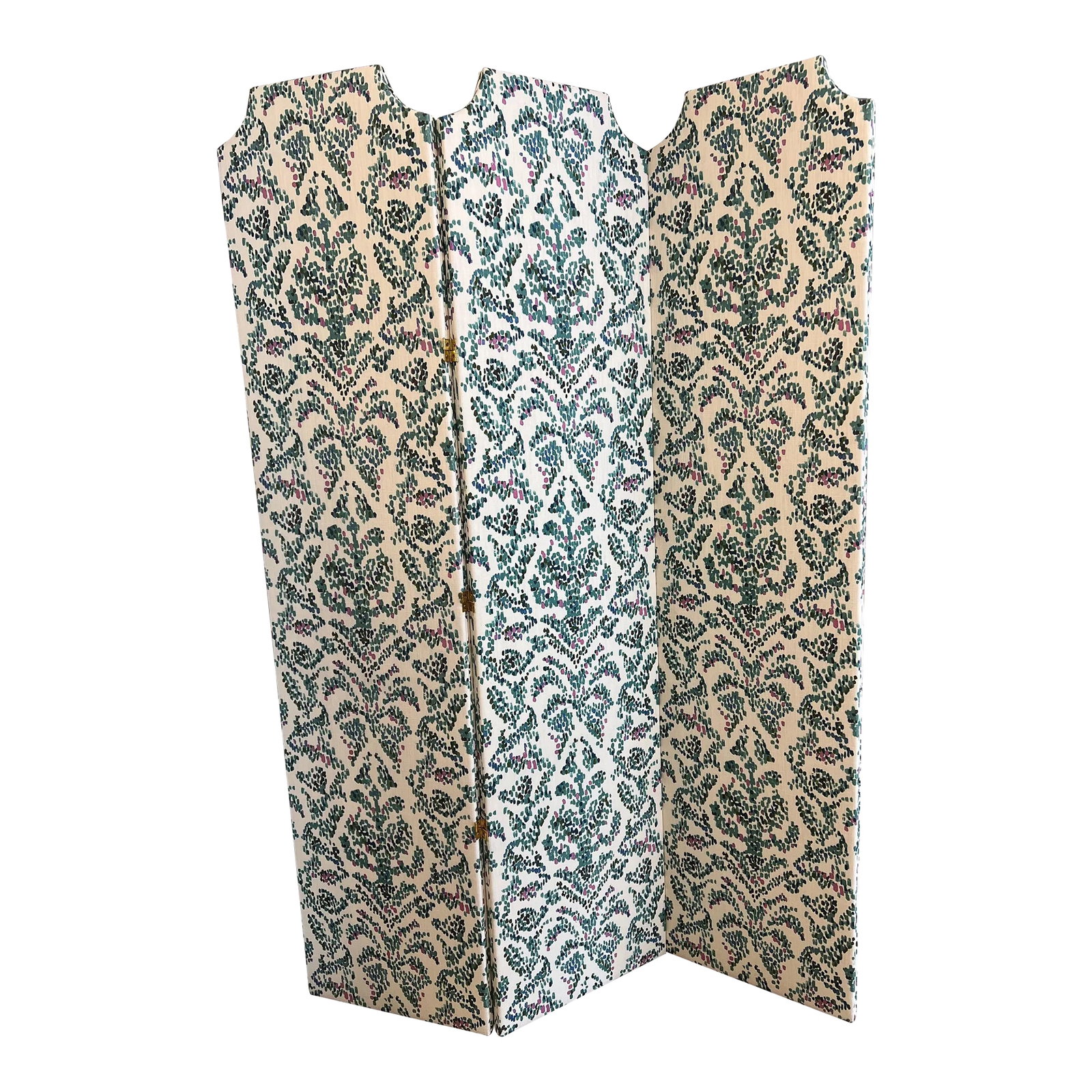 Contemporary Upholstered Screen: Century Upholstered 7' Decorative Screen with Brass Hardware. Beautiful bright white backgrounds fabric with green, turquoise, blue & pink accents. Each panel measures 20"w x 84"h Condition: