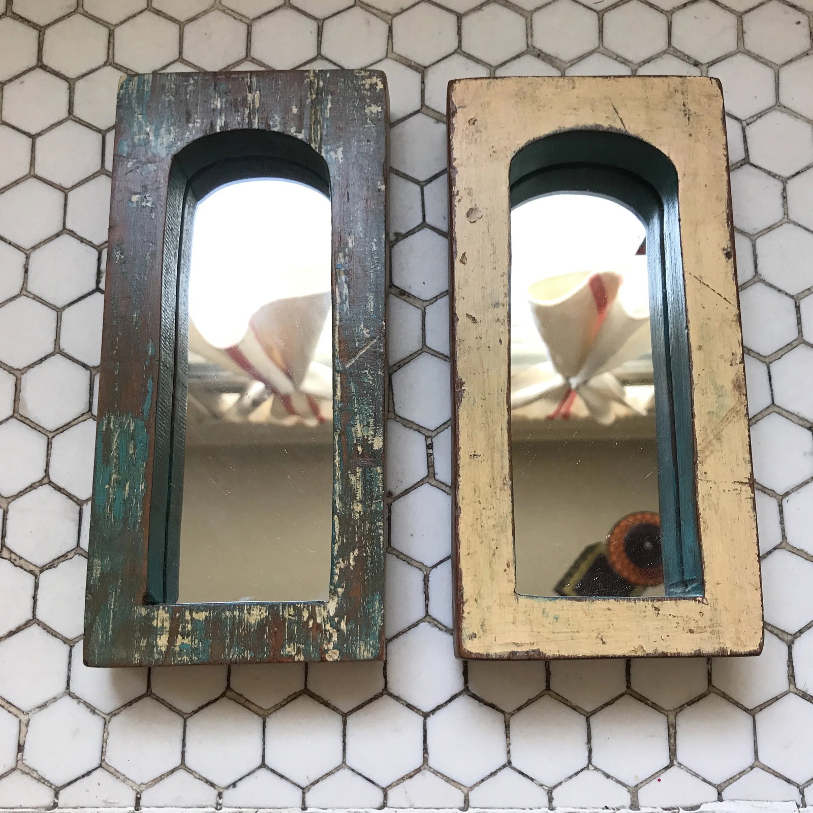 Vintage Indian Archway Painted Teak Mirrors - A Pair - 2