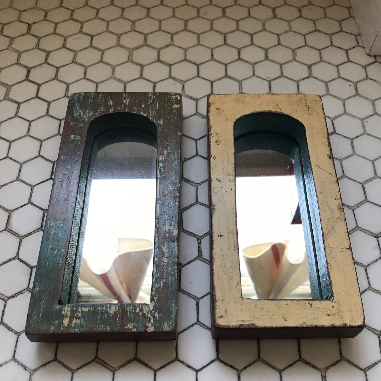 Vintage Indian Archway Painted Teak Mirrors - A Pair - 3