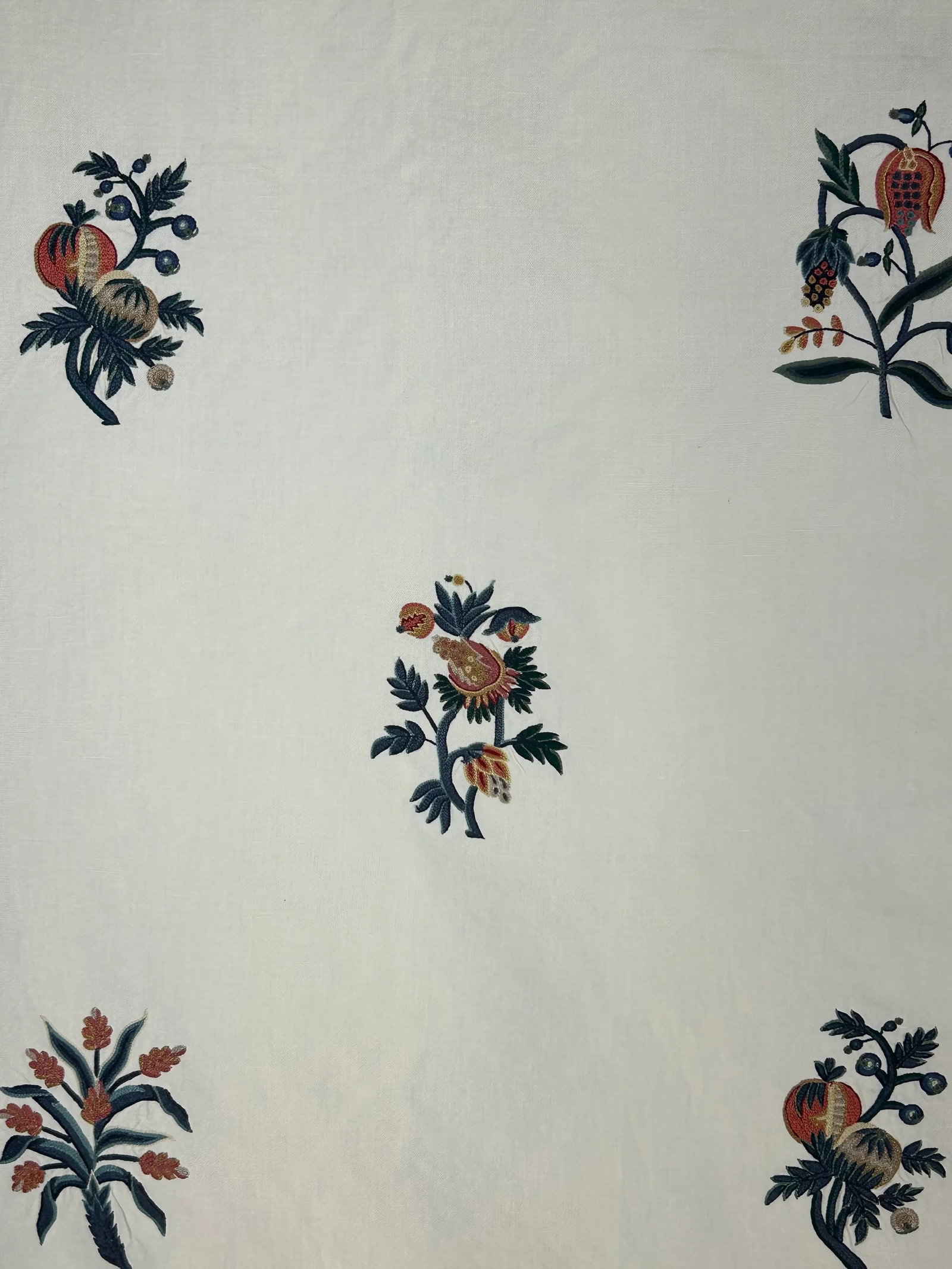C & C Milano "Liocorno" Embroidery- 9 Yards: An extremely fine hand-embroidered cotton & viscose plain ground in an early 18th century style. There are 6 separate exotic floral motifs, richly colored, perfect for the avid antique collector.