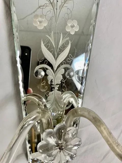 Vintage 1920 Etched Carved Mirror Sconces - 11