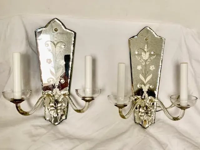 Vintage 1920 Etched Carved Mirror Sconces - 12
