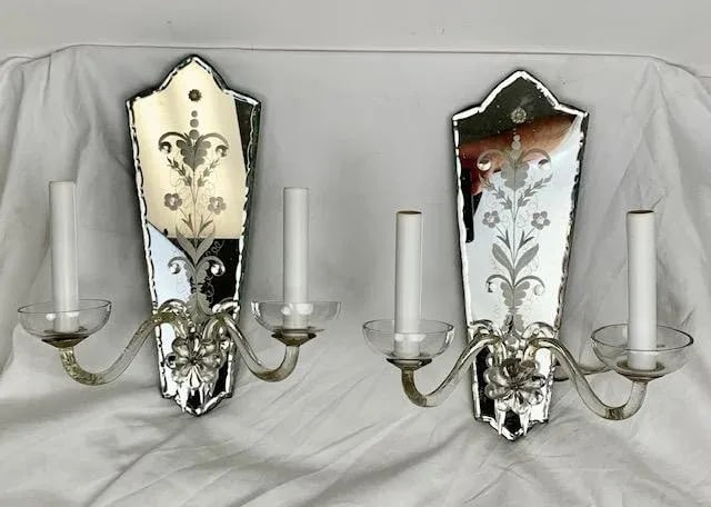Vintage 1920 Etched Carved Mirror Sconces - 2