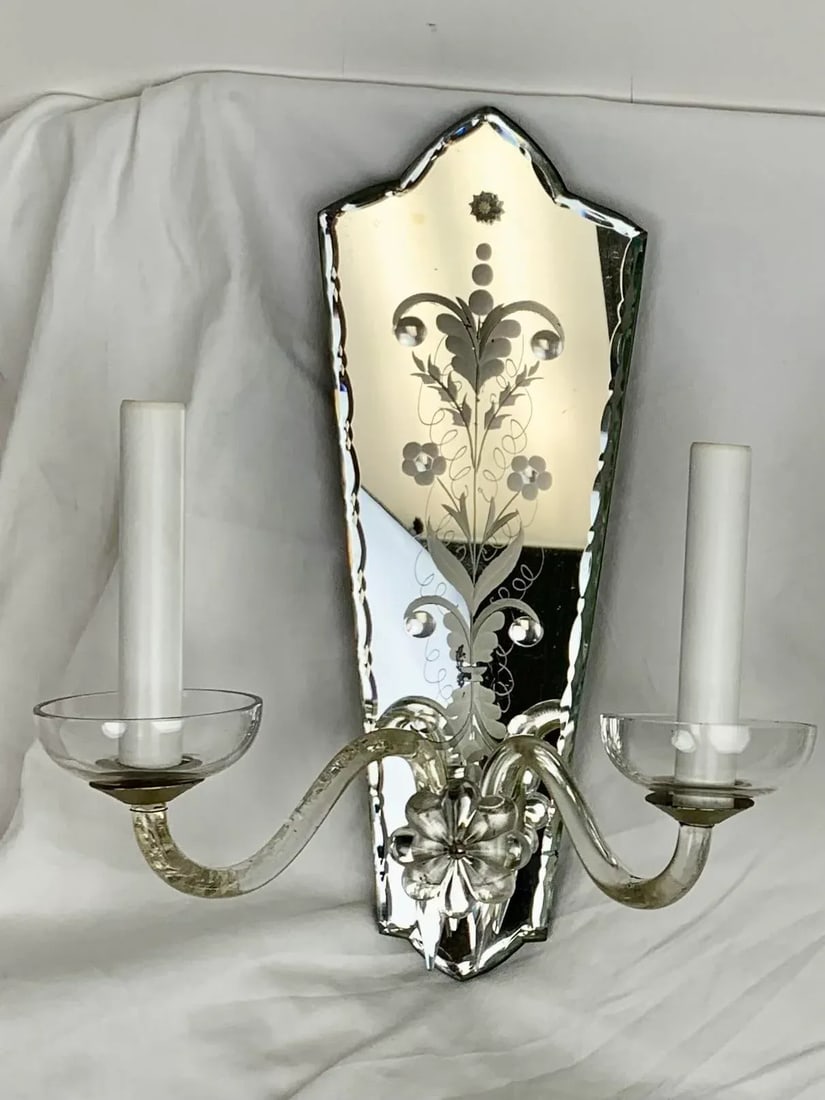 Vintage 1920 Etched Carved Mirror Sconces - 3
