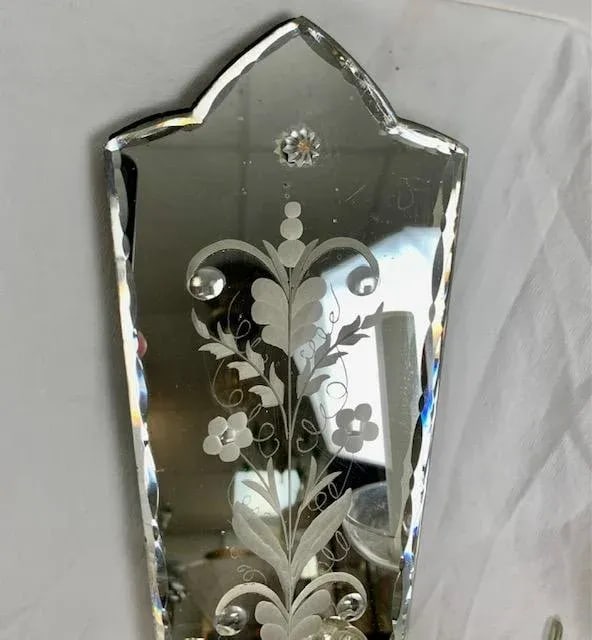 Vintage 1920 Etched Carved Mirror Sconces - 4