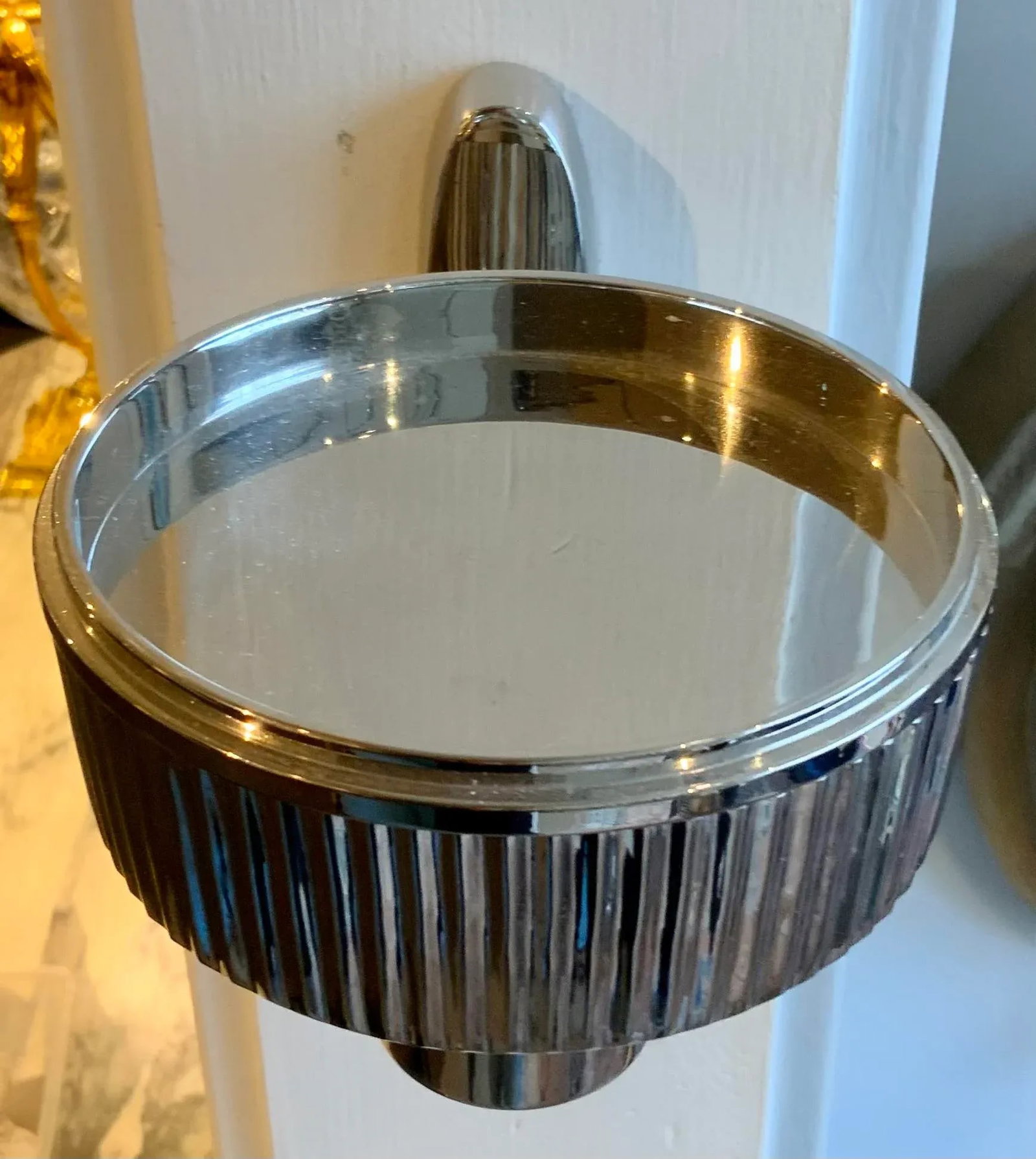 Art Deco Style Polished Nickel Ribbed Car Mirror Sconces Pair - 3