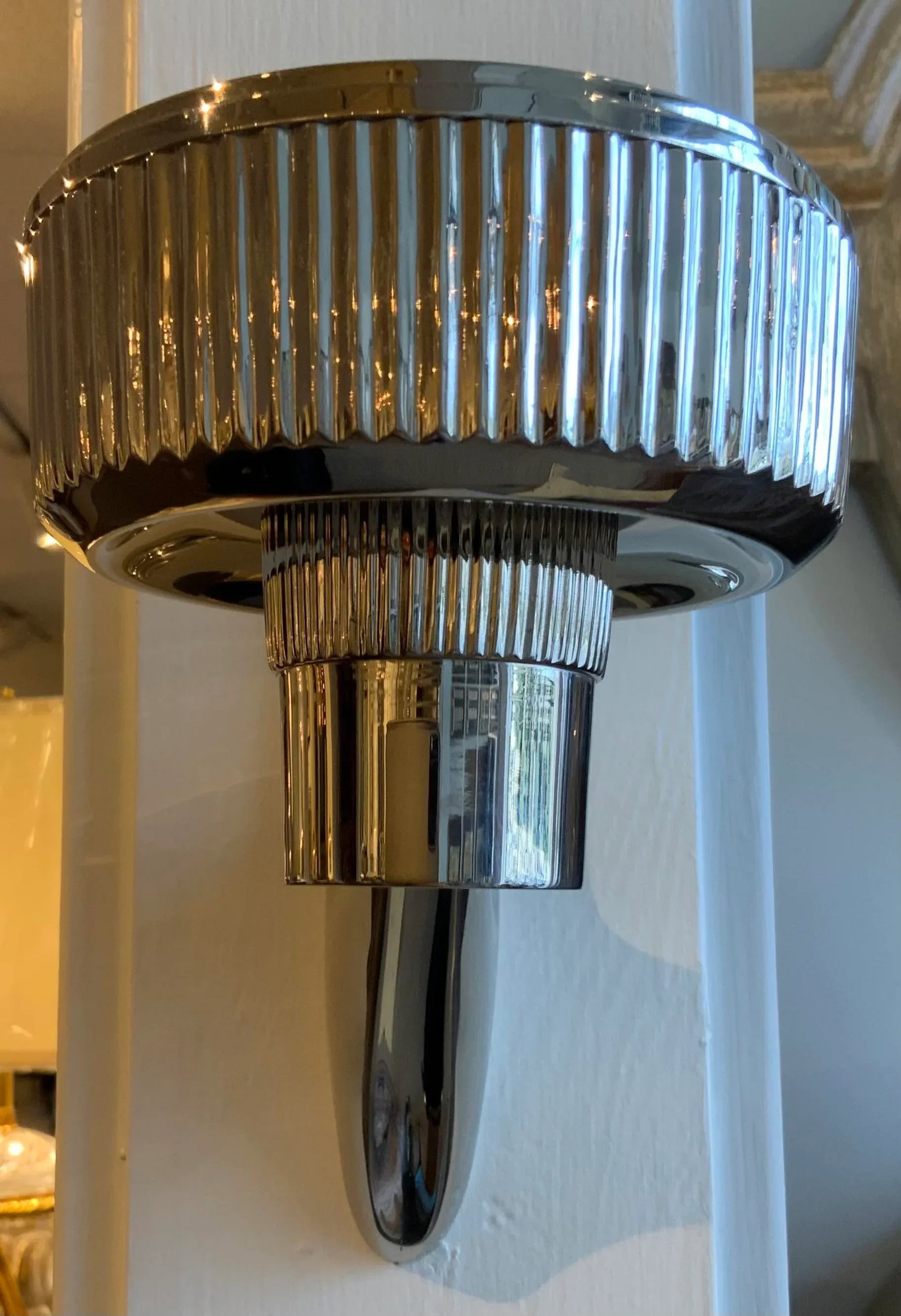 Art Deco Style Polished Nickel Ribbed Car Mirror Sconces Pair - 4