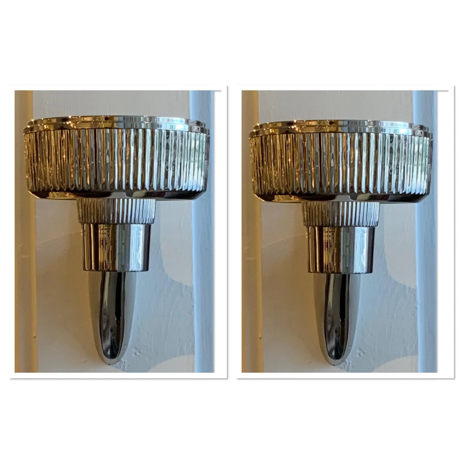 Art Deco Style Polished Nickel Ribbed Car Mirror Sconces Pair - 5