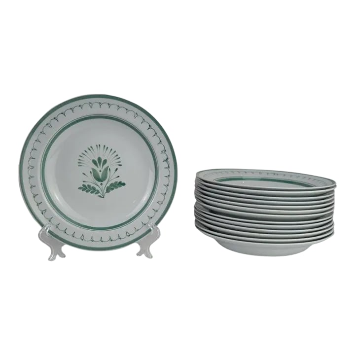 Green Thistle Dinner Plates, Arabia of Finland - Set of 14: Set of 14 porcelain dinner plates, hand painted Green Thistle pattern by Arabia of Finland. Green Thistle was manufactured between 1955- 1970. Numerous other matching pieces are available. Condition: