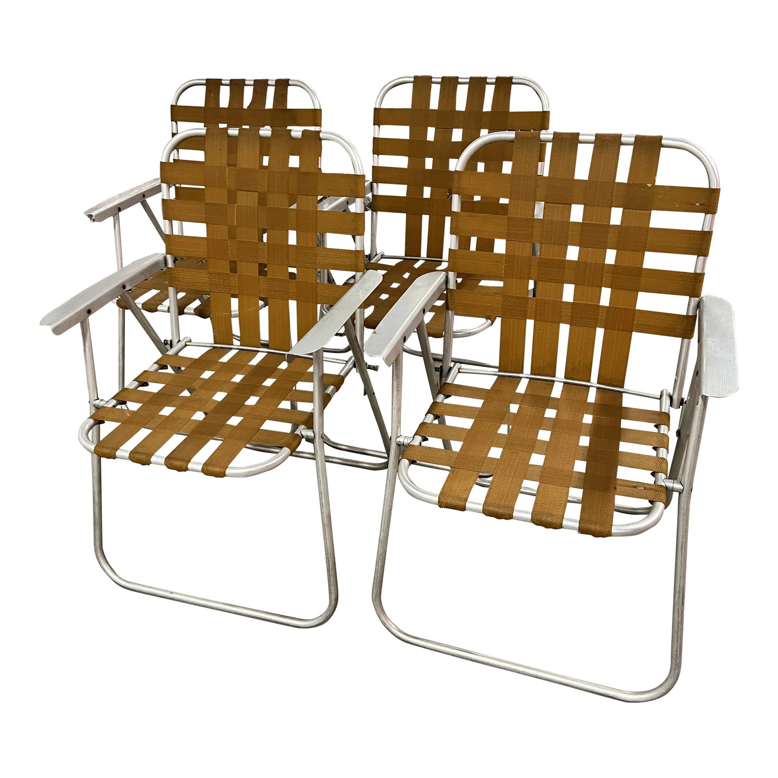 Vintage Aluminum Strap Folding Chairs - Set of 4: Mid Century Set of 4 Aluminum Strap Folding Chairs. What attracted me to this set was not only the retro styling - but the color of the straps. At first the seat and backs looked like wood from afar