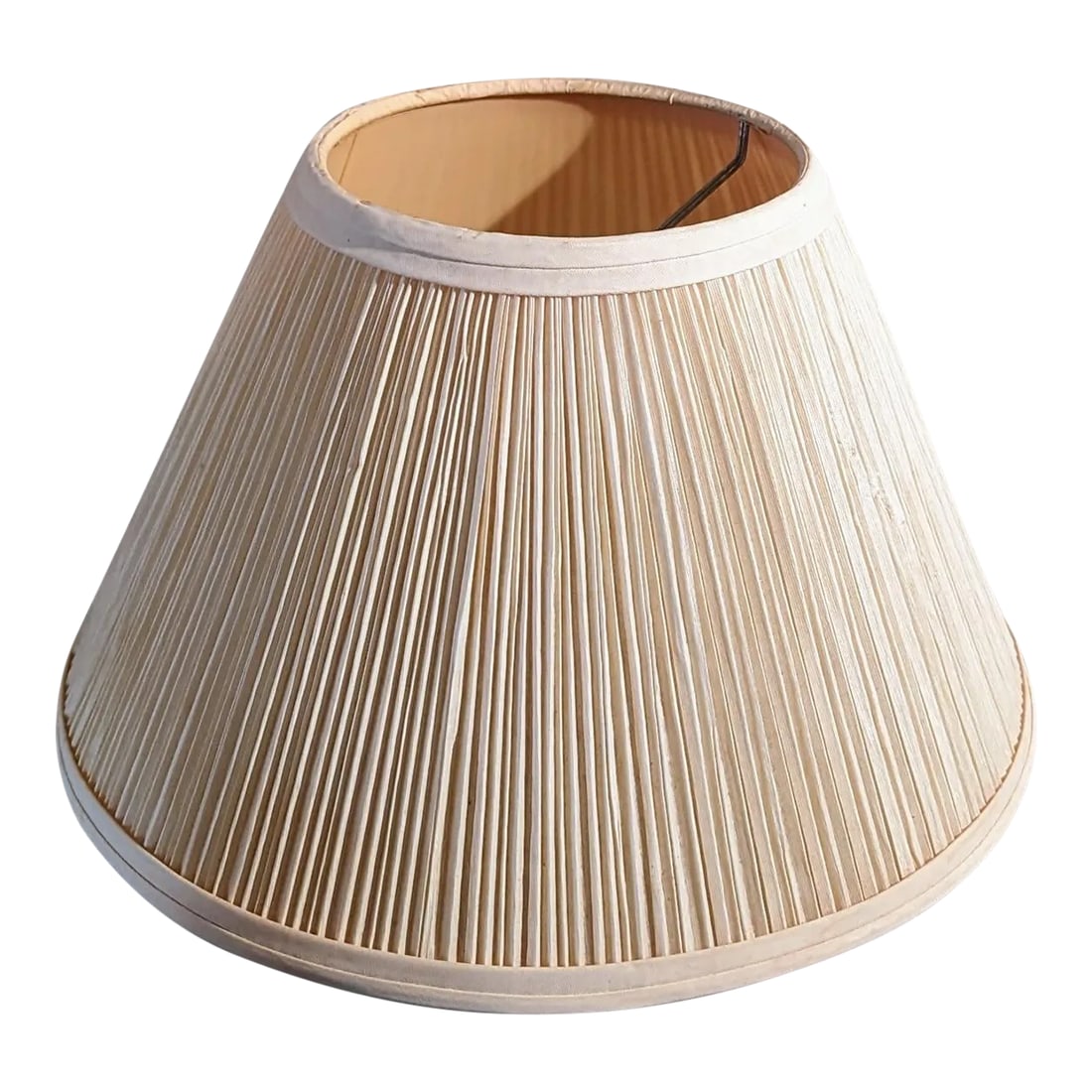Mid-Century Raffia Pleated Shade: CORRECTION TO SHIPPING TIME, THIS IS SELLER SHIPPING, ARRIVAL TIME IS 4-10 DAYS FROM PURCHASE DATE. The paper/parchment like material may be called raffia. The interior lining is intact sans cracks. F