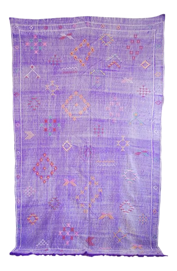 Bright Purple Silk Sabra Rug - 6' * 10': Featuring Moroccan Berber-inspired motifs, This Beautiful Sabra Silk rug is hand made by Berber women in the High Atlas Mountains of Morocco. Each rug is one-of-a-kind hand embroidered and has a wonde