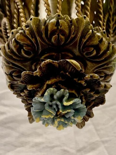 Small French Cast Brass Basket Light With Original Porcelain Flowers. - 10