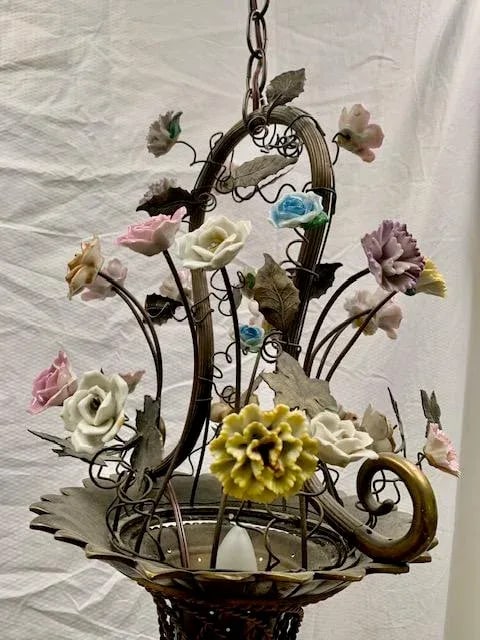 Small French Cast Brass Basket Light With Original Porcelain Flowers. - 11