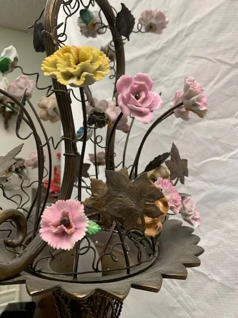Small French Cast Brass Basket Light With Original Porcelain Flowers. - 12