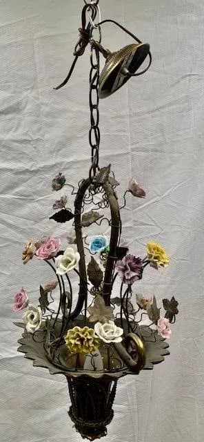 Small French Cast Brass Basket Light With Original Porcelain Flowers. - 13