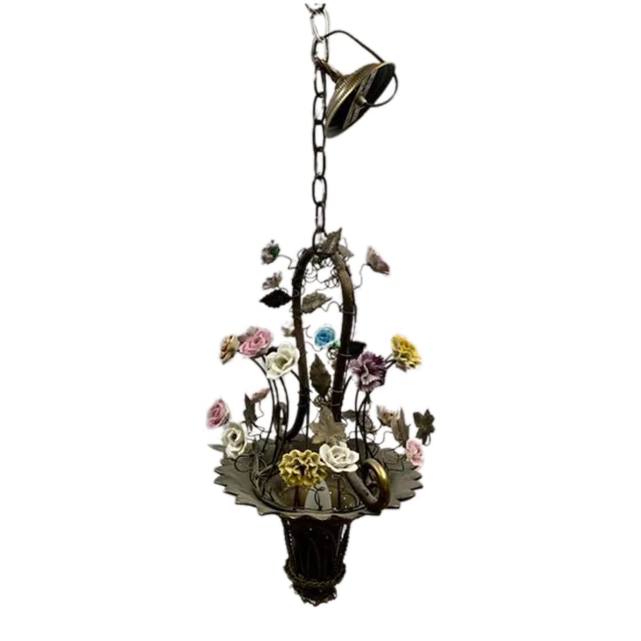 Small French Cast Brass Basket Light With Original Porcelain Flowers.: Charming and delicately detailed, this small French cast brass basket light is adorned with its original porcelain flowers in soft pastel tones. The hand-painted blossoms, in shades of pink, yellow,