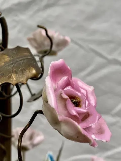 Small French Cast Brass Basket Light With Original Porcelain Flowers. - 3