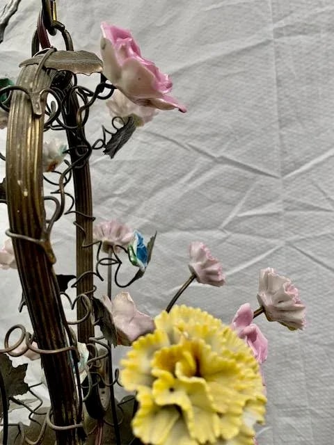 Small French Cast Brass Basket Light With Original Porcelain Flowers. - 4