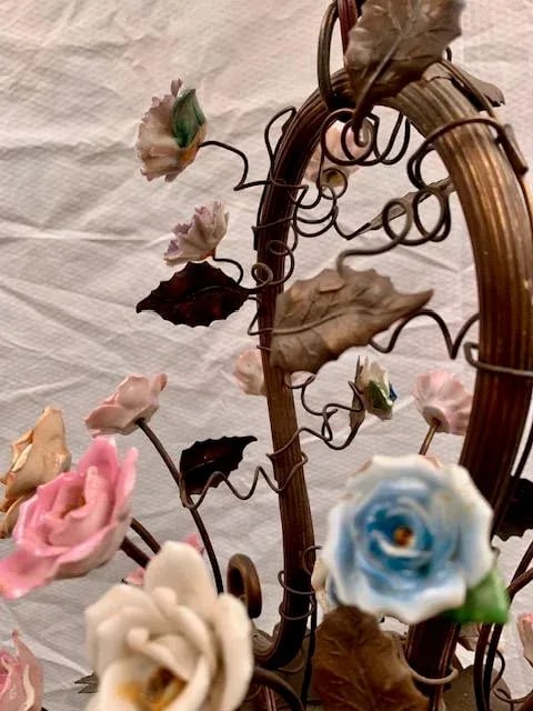 Small French Cast Brass Basket Light With Original Porcelain Flowers. - 5