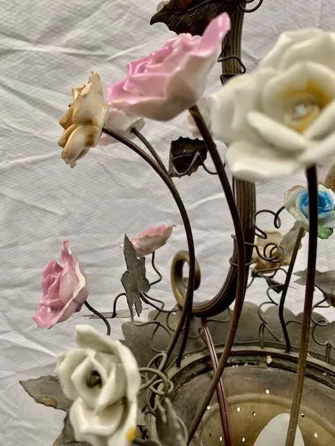Small French Cast Brass Basket Light With Original Porcelain Flowers. - 6