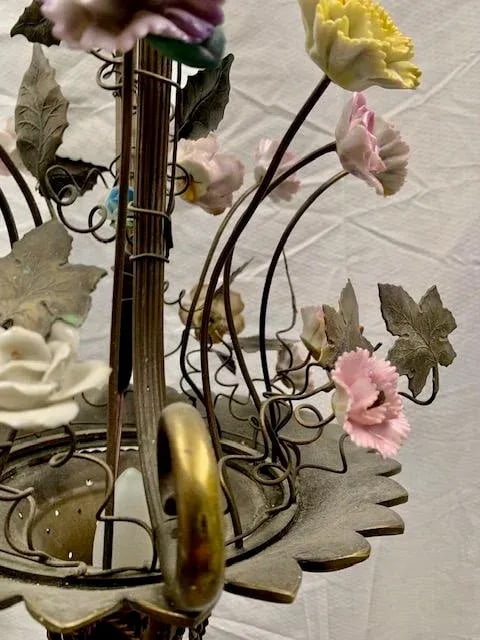 Small French Cast Brass Basket Light With Original Porcelain Flowers. - 7