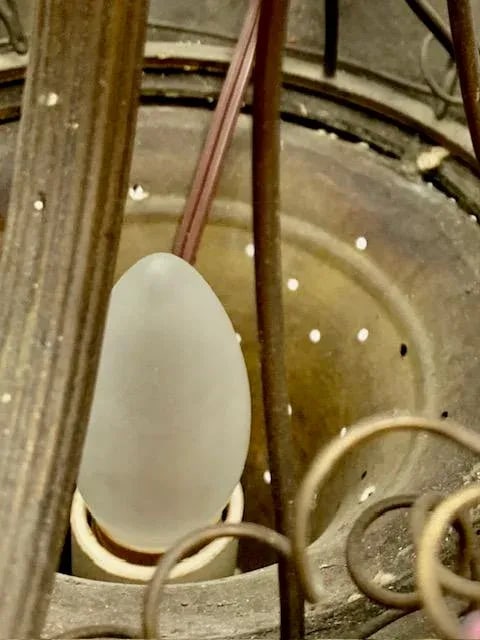 Small French Cast Brass Basket Light With Original Porcelain Flowers. - 8