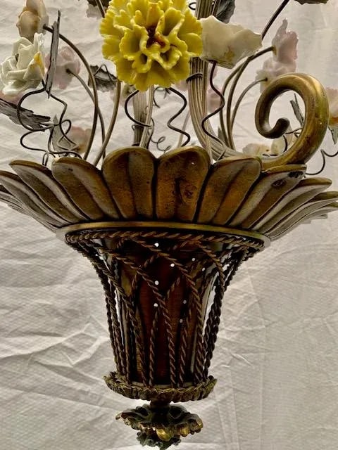 Small French Cast Brass Basket Light With Original Porcelain Flowers. - 9