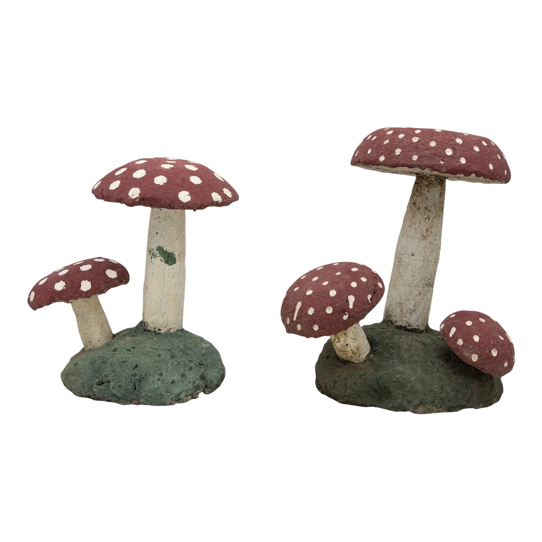 Pair Vintage Painted Stone Toadstool Mushrooms With Red Caps: This charming pair of vintage painted stone toadstools hails from mid-20th century Belgium, epitomizing whimsical garden decor. Standing tall with painted red caps adorned with white spots, they exude