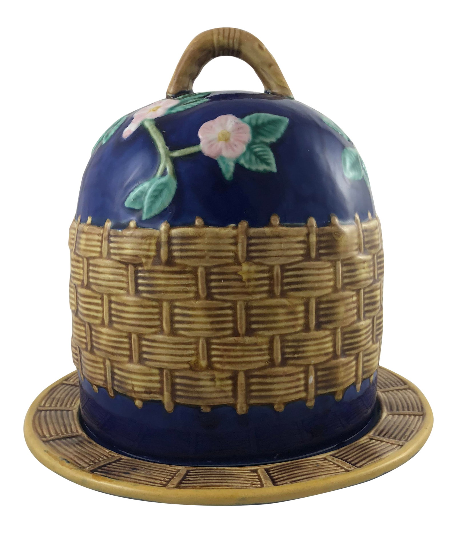 Majolica Basketweave Cheese Dome: French Majolica Covered Cheese Dome with basketweave around the plate base and pink flowers and leaves on dome. Perfect for Spring home decor. Condition: Alterations: Original Condition Unaltered Impe
