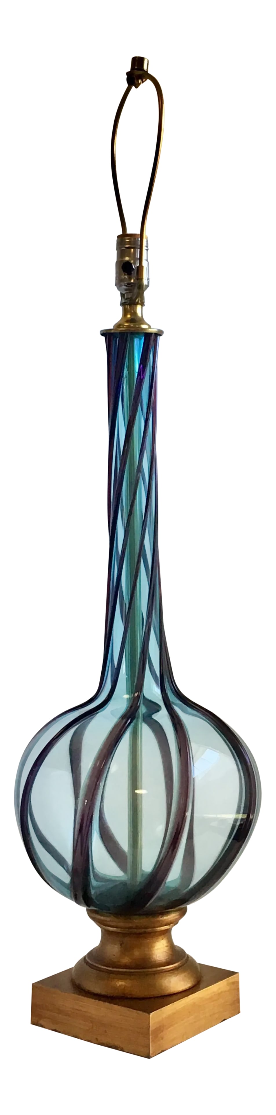 Empoli Italian Art Glass Lamp Ribbon Swirl Blue and Purple: A stunning Hollywood Regency style Ribbon Swirl Glass Lamp. The turquoise and purple glass with gold tone base is so elegant. The original shade can be included upon request and will need to be