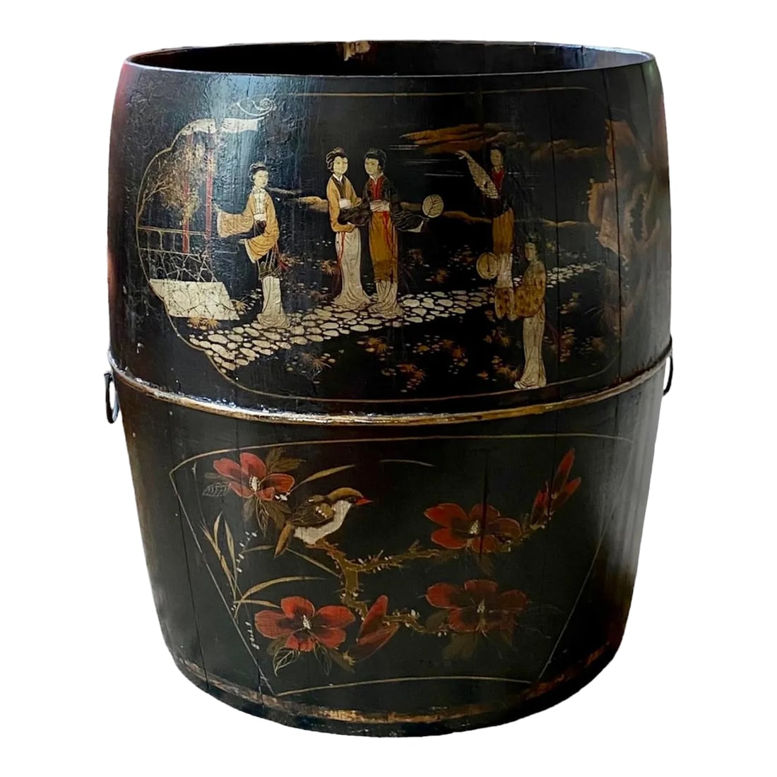 19th Century Chinese / Chinoiserie Large Scenic Black Painted Wood Rice Barrel / Basket: A gorgeous, large 19th c. Chinoiserie painted rice barrel/basket. Features a black lacquered wood body with traditional handpainted scenes featuring female figures as well as birds and flora. Traditio
