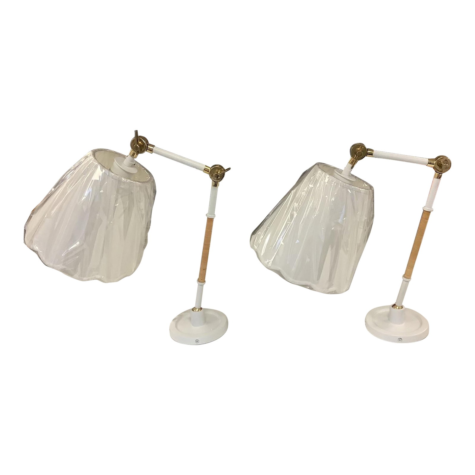 Serena & Lily Larkspur Task Sconces - a Pair: New out of the box - 2 Larkspur wall sconces from Serena and Lily. Made of brass and powdercoated white with rattan wrapped arm. White linen shade with a white wave trim. Ball joint on the backplate a