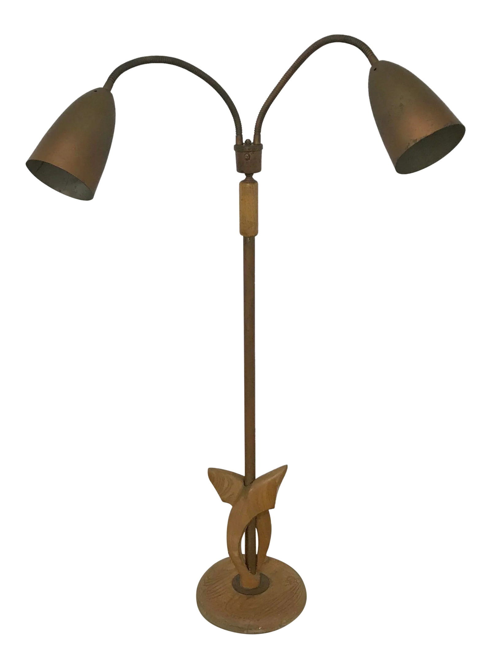 1960s Mid-Century Modern Gooseneck Floor Lamp: Mid-century modern gooseneck floor lamp with 2 flexible arms attached to 2 metal cone shades and with decorative wood base circa 1950s. Lamp measures 47" high up to where the flexible arms attach, eac