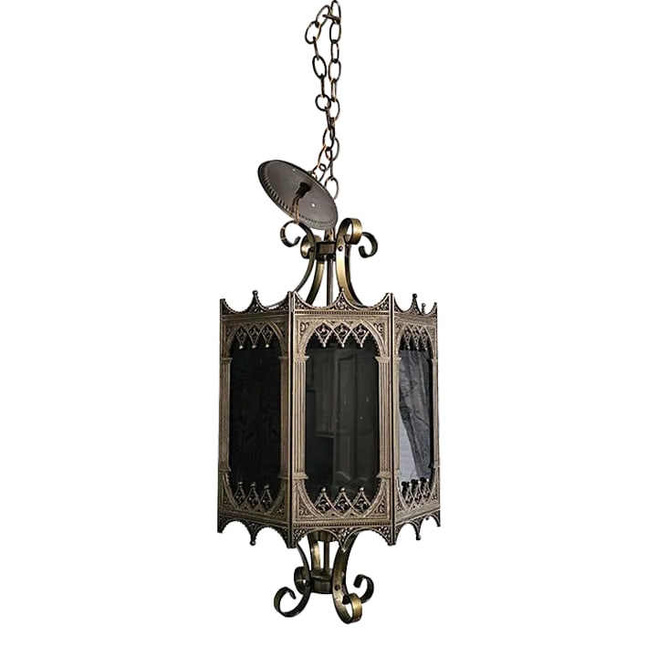 Vintage Lightcraft of California Gothic Mid-Century Cast Brass Hanging Swag Lamp: Vintage Lightcraft of California Swag Lamp Cast Brass Hanging Lantern Gothic Mid Century Features: * Light works! It need to be hard wired in. * The glass panels are removable and will be shipped to y