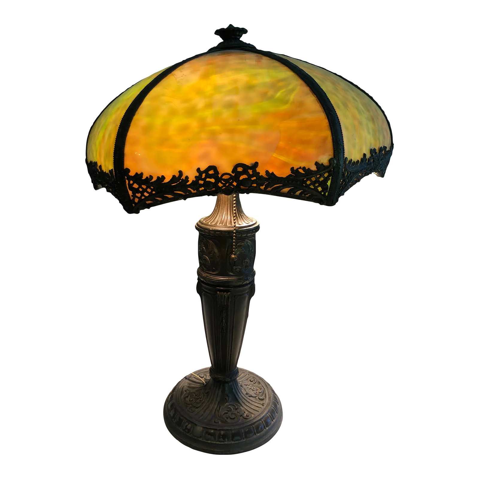 Antique Art Nouveau Slag Glass Lamp Watermelon Green Orange (1 of 15)